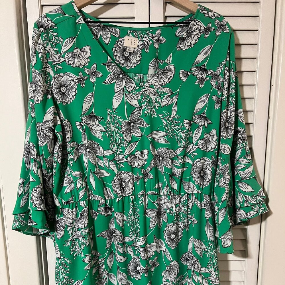 A New Day Green Floral Flutter Sleeve Tea Length Dress